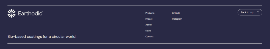 Screenshot of Earthodic website footer, with the tagline "Bio-based coatings for a circular world".