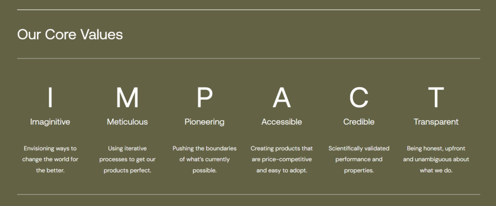 Screenshot of Earthodic website "values" section. With the values imaginative, meticulous, pioneering, credible and transparent.