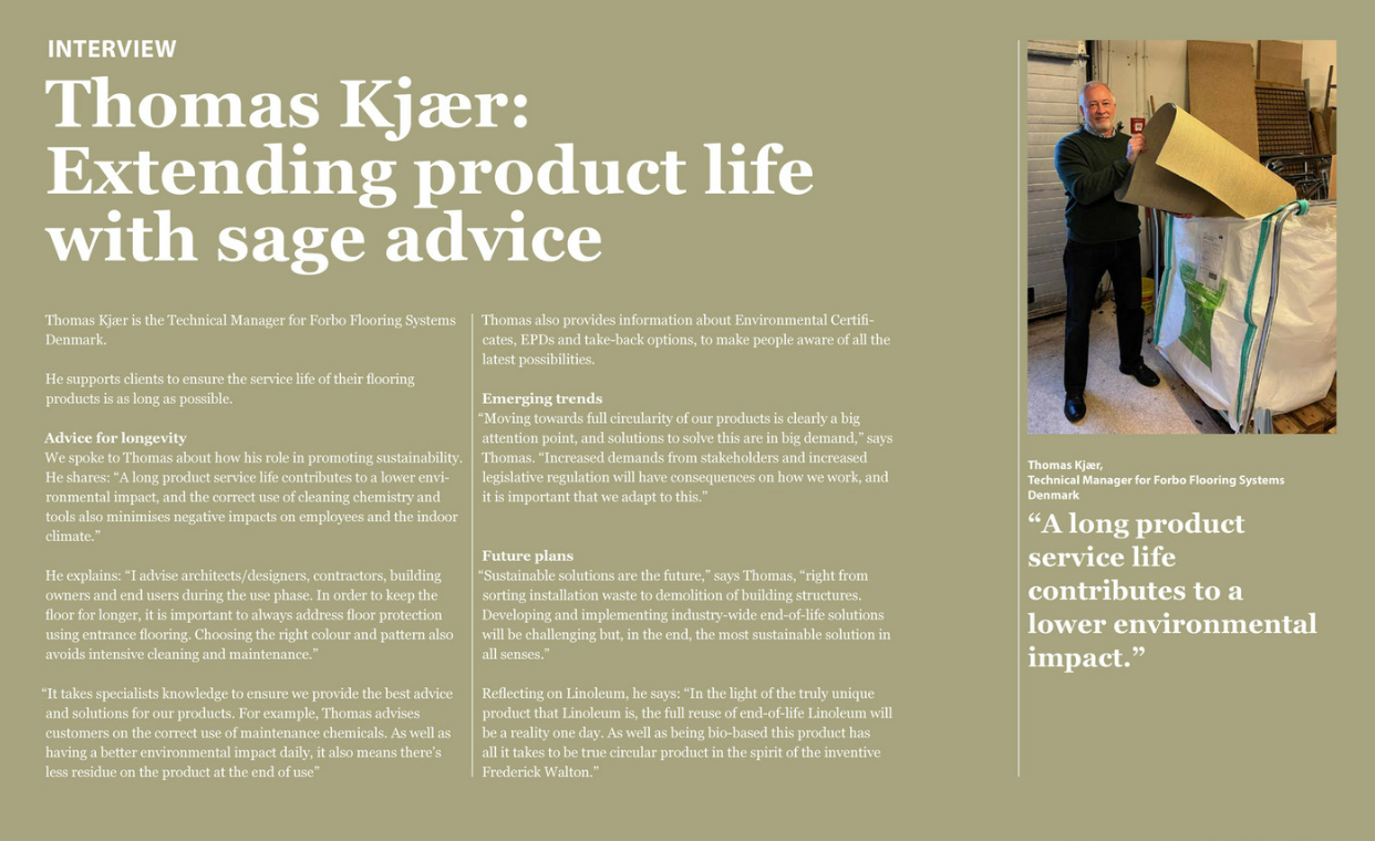 screenshot of a page of the Forbo sustainability report, featuring an employee interview with a picture of the employee