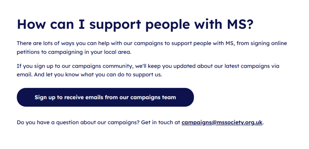 Screenshot of the MS Society website, with content urging people to sign up to their campaigns newsletter