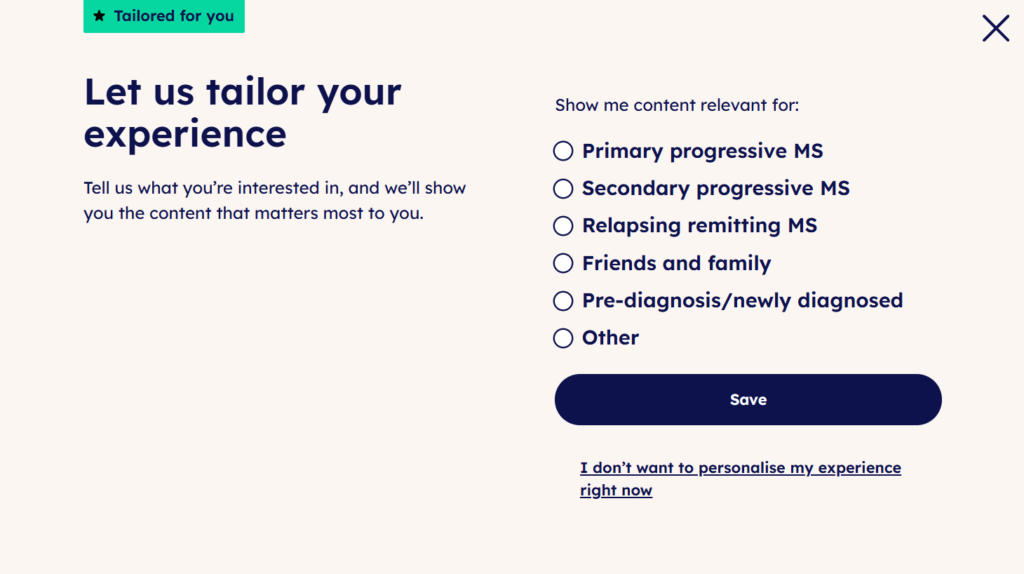Screenshot of MS Society website pop-up allowing people to select an interest to see tailored content.